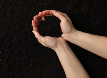 Woman hold soil on soil background, top view